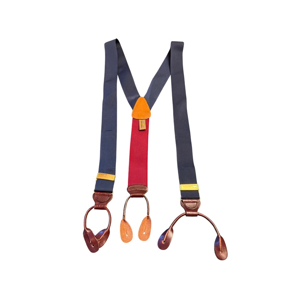 Trafalgar Suspenders Navy Blue Red Leather Button End Braces Y-Back Vintage Mens